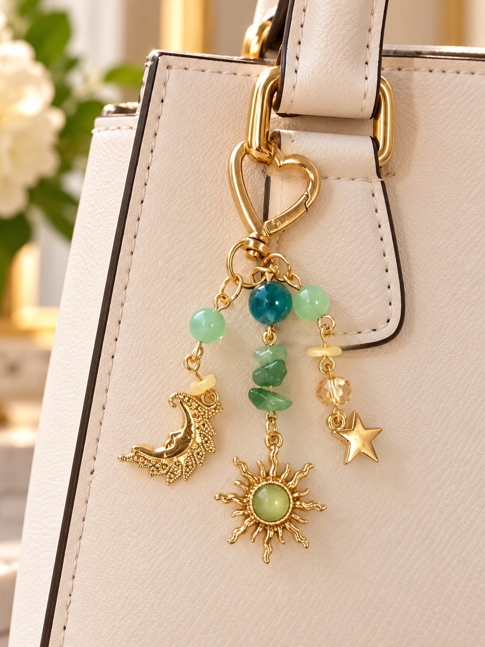 Brand New Gold-Tone Celestial Stone & Beaded Purse Bag Charm Sun Moon Gemstone